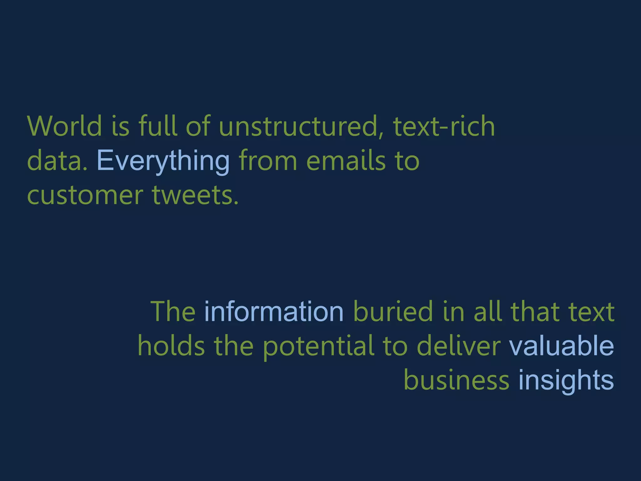 World is full of unstructured, text-rich
data. Everything from emails to
customer tweets.
The information buried in all that
text holds the potential to deliver
valuable business insights
 
