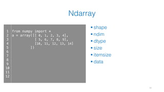 Ndarray
§ shape
§ ndim
§ dtype
§ size
§ itemsize
§ data
12
1
2
3
4
5
6
7
8
9
10
11
12
from numpy import *
a = array([[ 0, 1, 2, 3, 4],
[ 5, 6, 7, 8, 9],
[10, 11, 12, 13, 14]
])
 