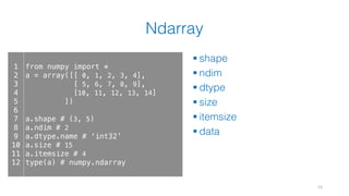Ndarray
§ shape
§ ndim
§ dtype
§ size
§ itemsize
§ data
13
1
2
3
4
5
6
7
8
9
10
11
12
from numpy import *
a = array([[ 0, 1, 2, 3, 4],
[ 5, 6, 7, 8, 9],
[10, 11, 12, 13, 14]
])
a.shape # (3, 5)
a.ndim # 2
a.dtype.name # 'int32’
a.size # 15
a.itemsize # 4
type(a) # numpy.ndarray
 