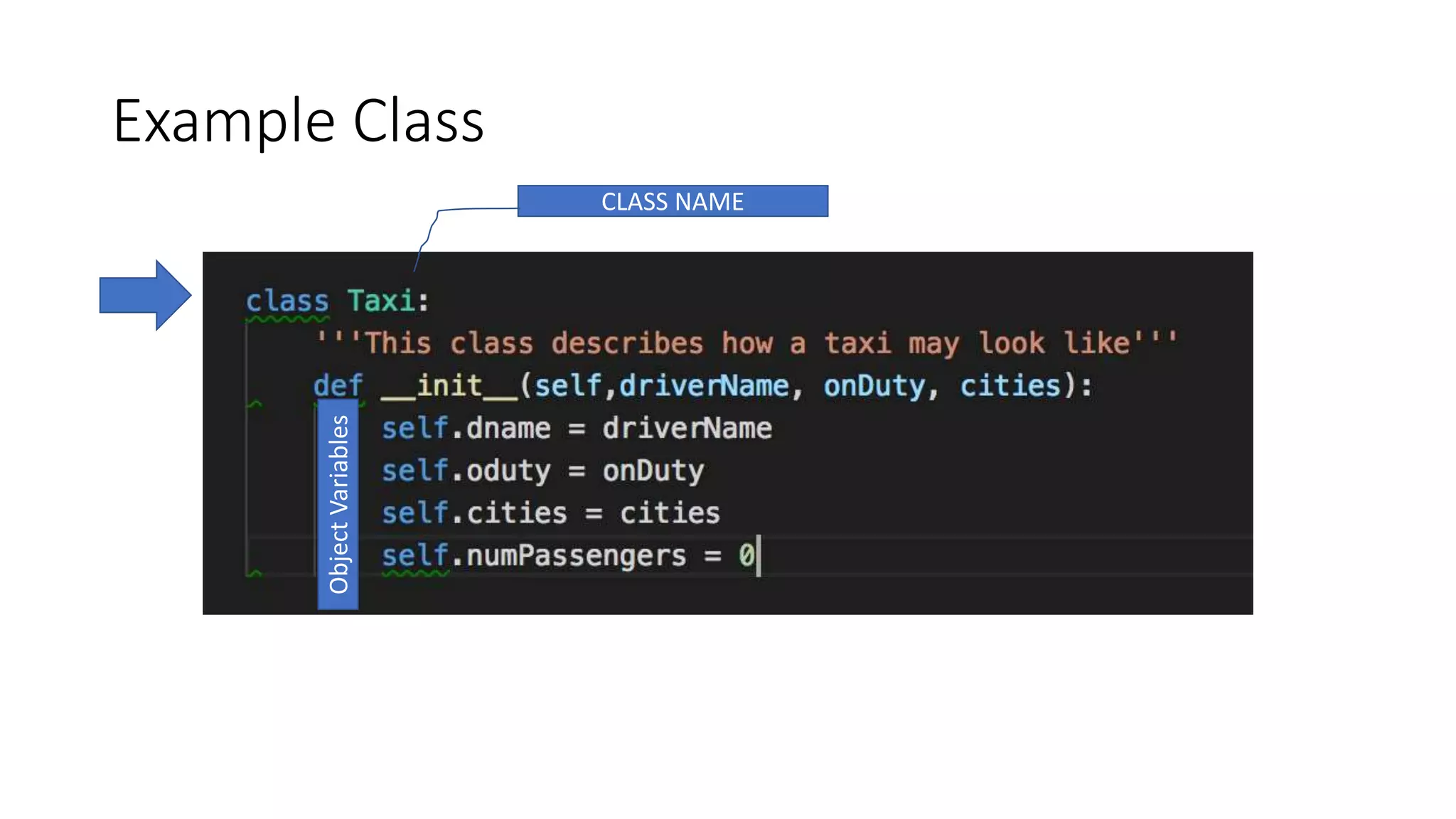 Example Class
CLASS NAME
ObjectVariables
 