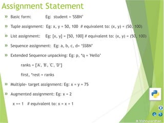 M Vishnuvardhan
Assignment Statement
» Basic form: Eg: student = 'SSBN’
» Tuple assignment: Eg: x, y = 50, 100 # equivalent to: (x, y) = (50, 100)
» List assignment: Eg: [x, y] = [50, 100] # equivalent to: (x, y) = (50, 100)
» Sequence assignment: Eg: a, b, c, d= ‘SSBN’
» Extended Sequence unpacking: Eg: p, *q = 'Hello’
ranks = ['A', 'B', 'C', 'D’]
first, *rest = ranks
» Multiple- target assignment: Eg: x = y = 75
» Augmented assignment: Eg: x = 2
x += 1 # equivalent to: x = x + 1
 