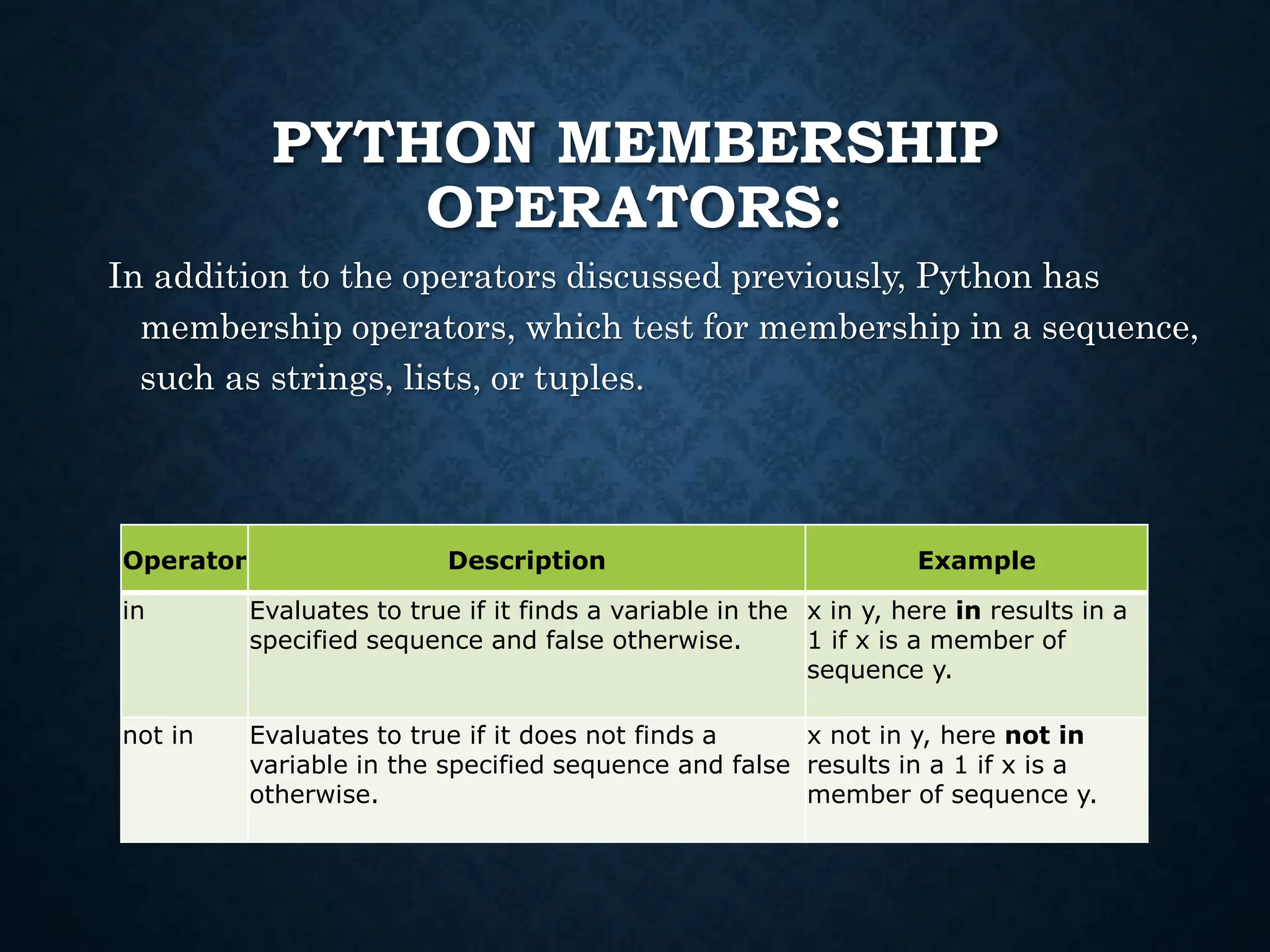 PYTHON MEMBERSHIP OPERATORS: In addition to the operators discussed previously, Python has membership operators, which test for membership in a sequence, such as strings, lists, or tuples. Operator Description Example in Evaluates to true if it finds a variable in the specified sequence and false otherwise. x in y, here in results in a 1 if x is a member of sequence y. not in Evaluates to true if it does not finds a variable in the specified sequence and false otherwise. x not in y, here not in results in a 1 if x is a member of sequence y. 