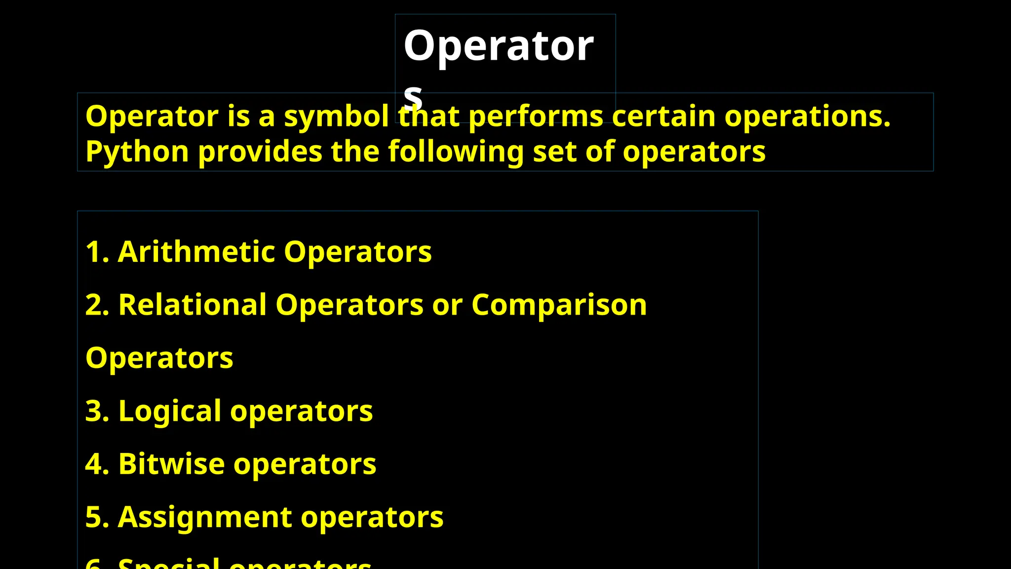 Operator
s
Operator is a symbol that performs certain operations.
Python provides the following set of operators
1. Arithmetic Operators
2. Relational Operators or Comparison
Operators
3. Logical operators
4. Bitwise operators
5. Assignment operators
 