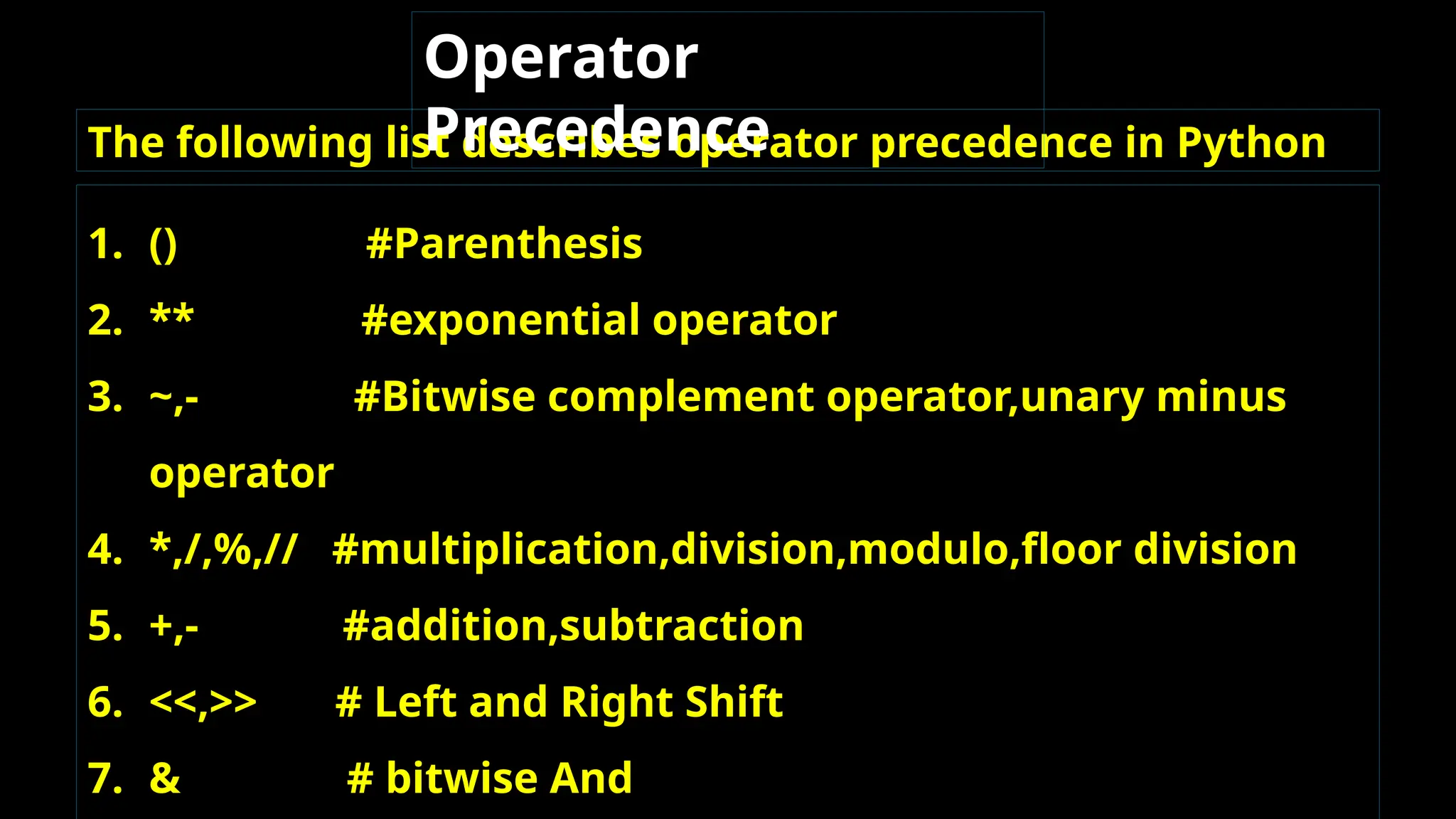 The following list describes operator precedence in Python
Operator
Precedence
1. () #Parenthesis
2. ** #exponential operator
3. ~,- #Bitwise complement operator,unary minus
operator
4. *,/,%,// #multiplication,division,modulo,floor division
5. +,- #addition,subtraction
6. <<,>> # Left and Right Shift
7. & # bitwise And
 
