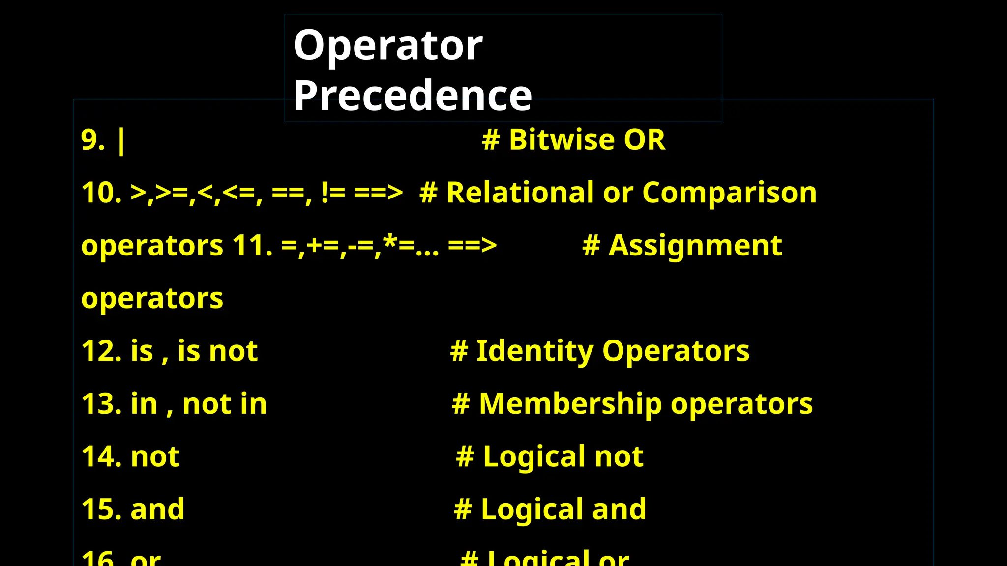 9. | # Bitwise OR
10. >,>=,<,<=, ==, != ==> # Relational or Comparison
operators 11. =,+=,-=,*=... ==> # Assignment
operators
12. is , is not # Identity Operators
13. in , not in # Membership operators
14. not # Logical not
15. and # Logical and
Operator
Precedence
 