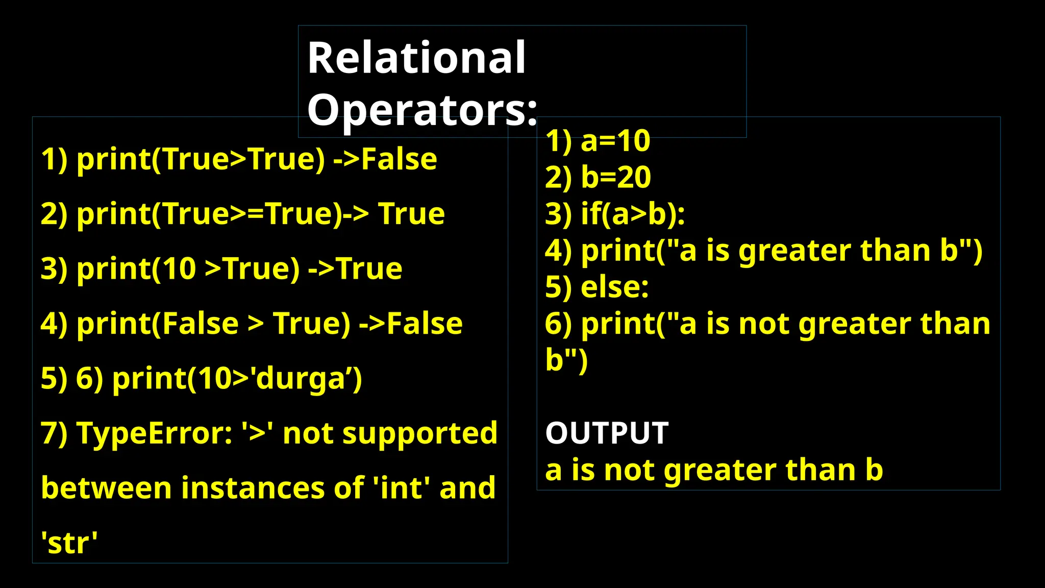 1) print(True>True) ->False
2) print(True>=True)-> True
3) print(10 >True) ->True
4) print(False > True) ->False
5) 6) print(10>'durga’)
7) TypeError: '>' not supported
between instances of 'int' and
'str'
Relational
Operators:
1) a=10
2) b=20
3) if(a>b):
4) print("a is greater than b")
5) else:
6) print("a is not greater than
b")
OUTPUT
a is not greater than b
 