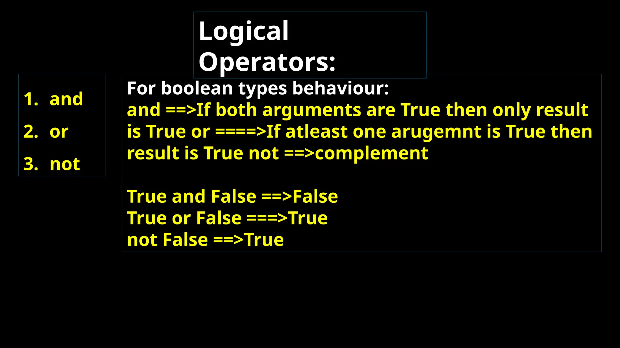 Logical
Operators:
1. and
2. or
3. not
For boolean types behaviour:
and ==>If both arguments are True then only result
is True or ====>If atleast one arugemnt is True then
result is True not ==>complement
True and False ==>False
True or False ===>True
not False ==>True
 