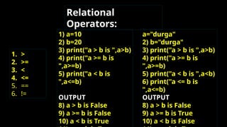 Relational
Operators:
1. >
2. >=
3. <
4. <=
5. ==
6. !=
1) a=10
2) b=20
3) print("a > b is ",a>b)
4) print("a >= b is
",a>=b)
5) print("a < b is
",a<=b)
OUTPUT
8) a > b is False
9) a >= b is False
10) a < b is True
a="durga"
2) b="durga"
3) print("a > b is ",a>b)
4) print("a >= b is
",a>=b)
5) print("a < b is ",a<b)
6) print("a <= b is
",a<=b)
OUTPUT
8) a > b is False
9) a >= b is True
10) a < b is False
 