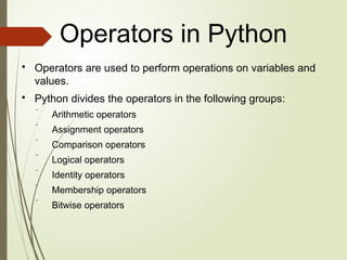 Comprehensive Guide to Python Operators and Their Usage | PPTX