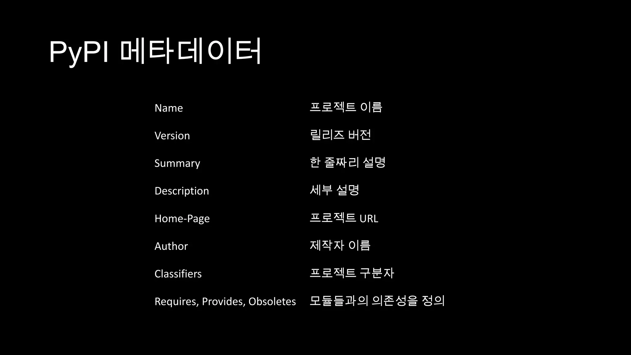 PyPI 메타데이터
    Name                            프로젝트 이름

    Version                         릴리즈 버전

    Summary                         한 줄짜리 설명

    Description                     세부 설명

    Home-Page                       프로젝트 URL

    Author                          제작자 이름

    Classifiers                     프로젝트 구분자

    Requires, Provides, Obsoletes   모듈들과의 의존성을 정의
 
