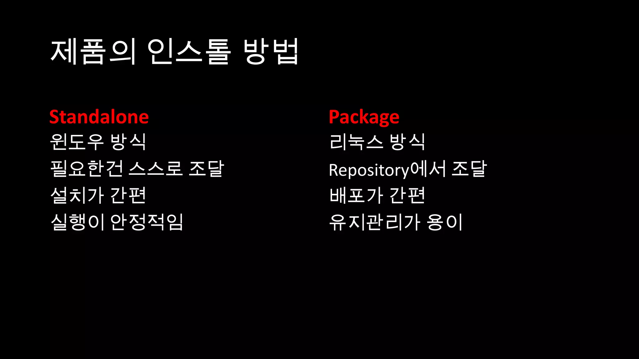 제품의 인스톨 방법

Standalone    Package
윈도우 방식        리눅스 방식
필요한건 스스로 조달   Repository에서 조달
설치가 간편        배포가 간편
실행이 안정적임      유지관리가 용이
 