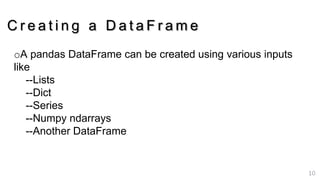 1010
oA pandas DataFrame can be created using various inputs
like
--Lists
--Dict
--Series
--Numpy ndarrays
--Another DataFrame
C r e a t i n g a D a t a F r a m e
 