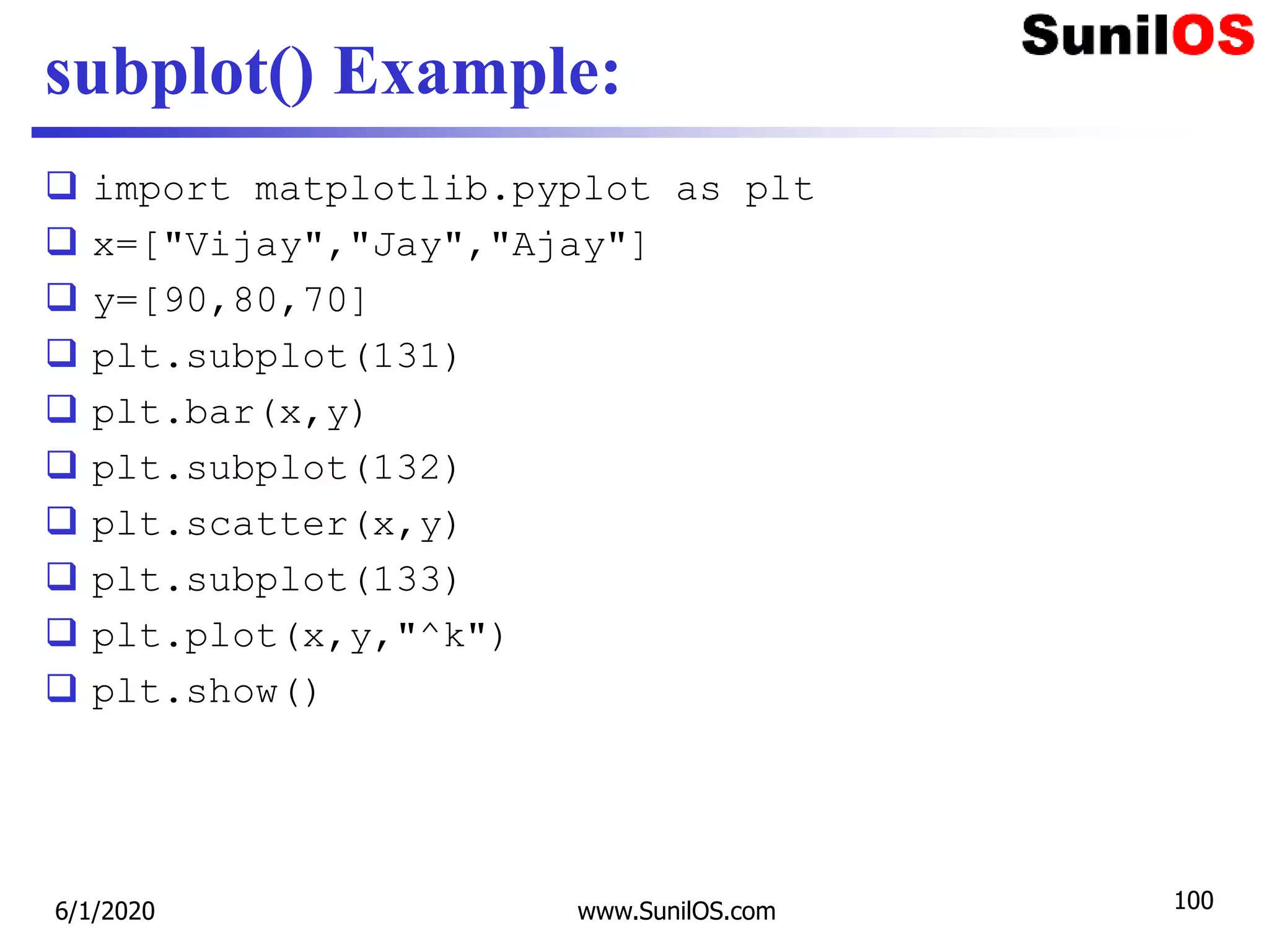 subplot() Example:
 import matplotlib.pyplot as plt
 x=["Vijay","Jay","Ajay"]
 y=[90,80,70]
 plt.subplot(131)
 plt.bar(x,y)
 plt.subplot(132)
 plt.scatter(x,y)
 plt.subplot(133)
 plt.plot(x,y,"^k")
 plt.show()
6/1/2020 www.SunilOS.com 100
 