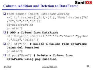 Column Addition and Deletion to DataFrame
 from pandas import DataFrame,Series
x={'Id':Series([1,2,3,4,5]),"Name":Series(["A"
,"B","C","D","E"])}
df=DataFrame(x)
print(df)
 # ADD a Column from DataFrame
df['Subject']=Series(["C","C++","Java","python
","Java","Julia"])
 del df["Id"] # Delete a Column from DataFrame
Using del function
print(df)
 df.pop("Name") # Delete a Column from
DataFrame Using pop function
6/1/2020 www.SunilOS.com 22
 