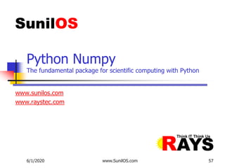 www.sunilos.com
www.raystec.com
Python Numpy
The fundamental package for scientific computing with Python
6/1/2020 www.SunilOS.com 57
 