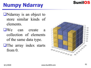 Numpy Ndarray
Ndarray is an object to
store similar kinds of
elements.
We can create a
collection of elements
of the same data type.
The array index starts
from 0.
6/1/2020 www.SunilOS.com 61
 