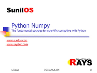 www.sunilos.com
www.raystec.com
Python Numpy
The fundamental package for scientific computing with Python
6/1/2020 www.Sun...