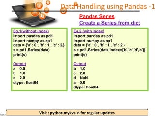 Visit : python.mykvs.in for regular updates
Pandas Series
Create a Series from dict
Eg.1(without index)
import pandas as p...