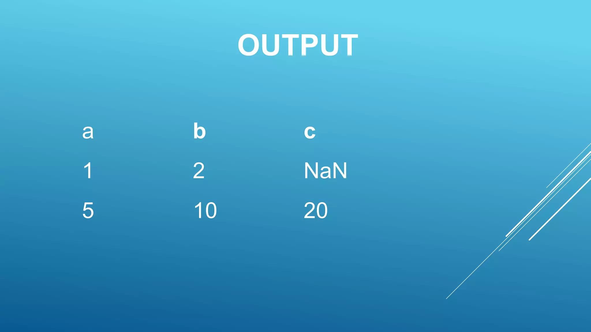 OUTPUT
a b c
1 2 NaN
5 10 20
 