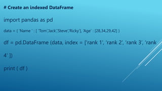 # Create an indexed DataFrame
import pandas as pd
data = { ‘Name ‘ : [ ‘Tom’,’Jack’,’Steve’,’Ricky’], ‘Age’ : [28,34,29,42] }
df = pd.DataFrame (data, index = [‘rank 1’, ‘rank 2’, ‘rank 3’, ‘rank
4’ ])
print ( df )
 