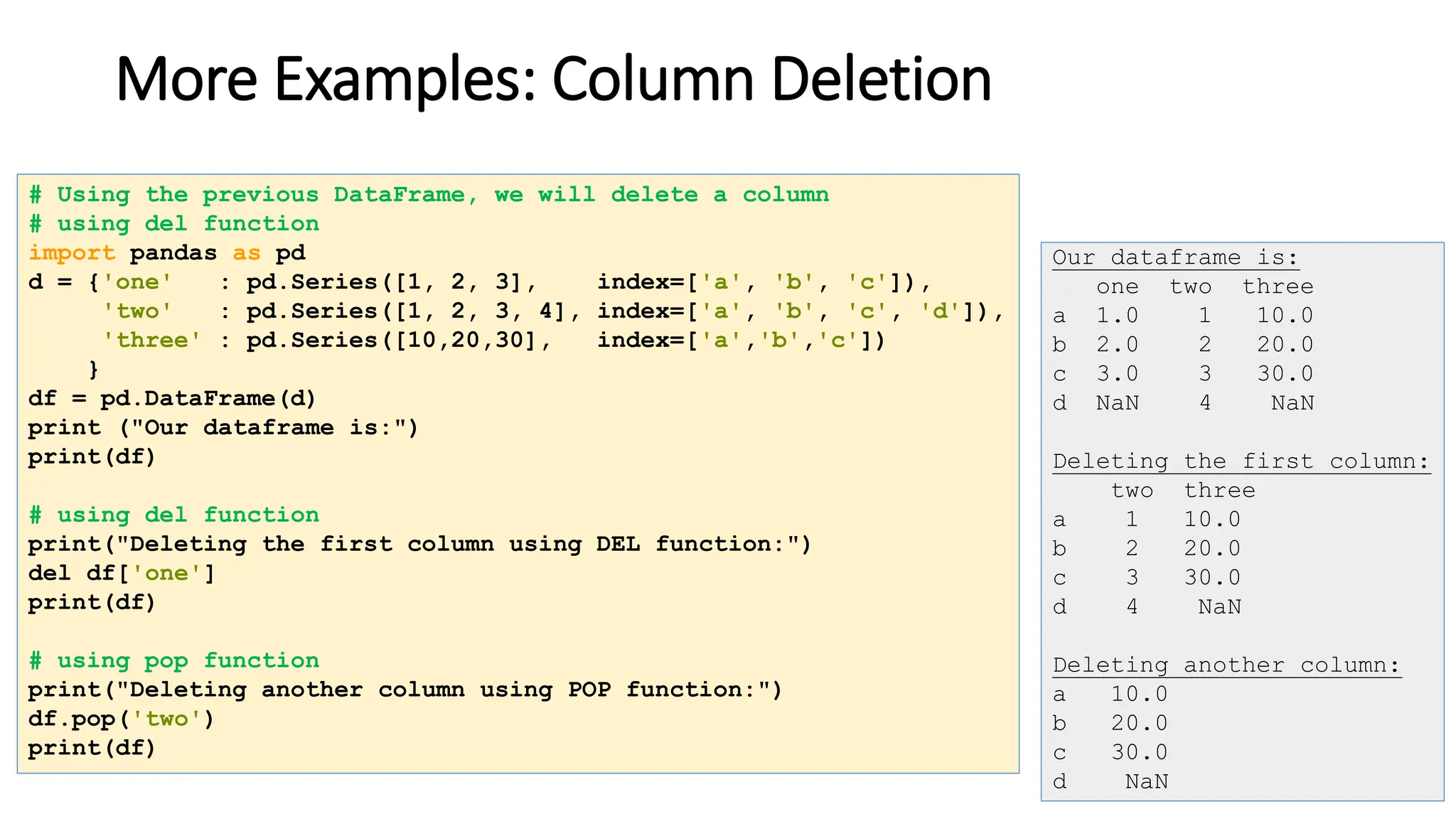 More Examples: Column Deletion
# Using the previous DataFrame, we will delete a column
# using del function
import pandas as pd
d = {'one' : pd.Series([1, 2, 3], index=['a', 'b', 'c']),
'two' : pd.Series([1, 2, 3, 4], index=['a', 'b', 'c', 'd']),
'three' : pd.Series([10,20,30], index=['a','b','c'])
}
df = pd.DataFrame(d)
print ("Our dataframe is:")
print(df)
# using del function
print("Deleting the first column using DEL function:")
del df['one']
print(df)
# using pop function
print("Deleting another column using POP function:")
df.pop('two')
print(df)
Our dataframe is:
one two three
a 1.0 1 10.0
b 2.0 2 20.0
c 3.0 3 30.0
d NaN 4 NaN
Deleting the first column:
two three
a 1 10.0
b 2 20.0
c 3 30.0
d 4 NaN
Deleting another column:
a 10.0
b 20.0
c 30.0
d NaN
 