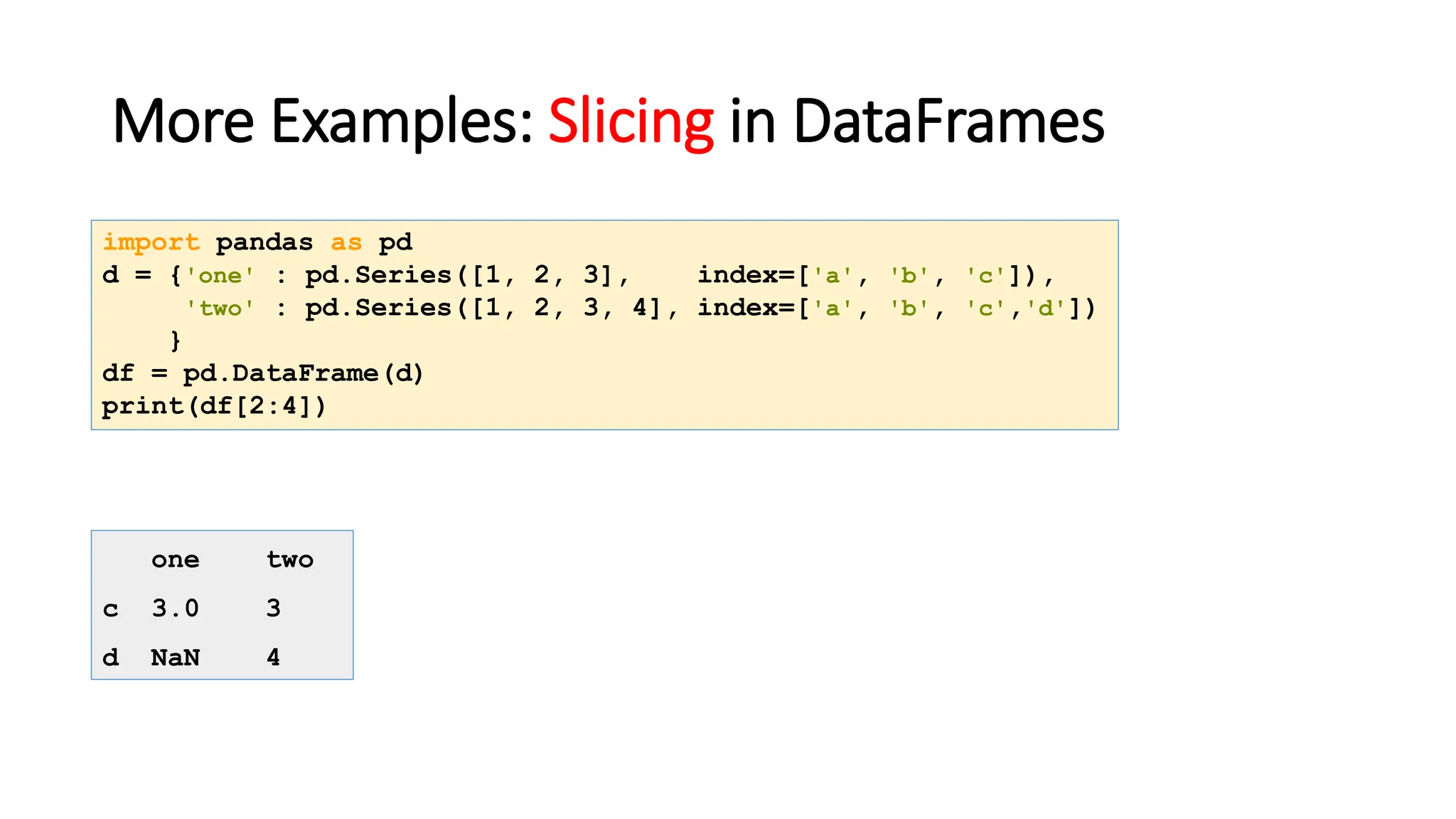 More Examples: Slicing in DataFrames
import pandas as pd
d = {'one' : pd.Series([1, 2, 3], index=['a', 'b', 'c']),
'two' : pd.Series([1, 2, 3, 4], index=['a', 'b', 'c','d'])
}
df = pd.DataFrame(d)
print(df[2:4])
one two
c 3.0 3
d NaN 4
 