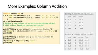 More Examples: Column Addition
import pandas as pd
d = {'one':pd.Series([1,2,3], index=['a','b','c']),
'two':pd.Series([1,2,3,4], index=['a','b','c','d'])
}
df = pd.DataFrame(d)
# Adding a new column to an existing DataFrame object
# with column label by passing new series
print("Adding a new column by passing as Series:")
df['three'] = pd.Series([10,20,30],index=['a','b','c'])
print(df)
print("Adding a column using an existing columns in
DataFrame:")
df['four'] = df['one']+df['three']
print(df)
Adding a column using Series:
one two three
a 1.0 1 10.0
b 2.0 2 20.0
c 3.0 3 30.0
d NaN 4 NaN
Adding a column using columns:
one two three four
a 1.0 1 10.0 11.0
b 2.0 2 20.0 22.0
c 3.0 3 30.0 33.0
d NaN 4 NaN NaN
 