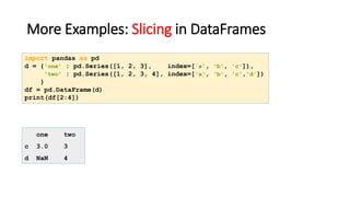 More Examples: Slicing in DataFrames
import pandas as pd
d = {'one' : pd.Series([1, 2, 3], index=['a', 'b', 'c']),
'two' : pd.Series([1, 2, 3, 4], index=['a', 'b', 'c','d'])
}
df = pd.DataFrame(d)
print(df[2:4])
one two
c 3.0 3
d NaN 4
 