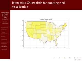 Introduction
to Python
Pandas for
Data
Analytics
Srijith
Rajamohan
Introduction
to Python
Python
programming
NumPy
Matplotlib
Introduction
to Pandas
Case study
Conclusion
Interactive Chloropleth for querying and
visualization
113 / 115
 