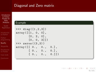 Introduction
to Python
Pandas for
Data
Analytics
Srijith
Rajamohan
Introduction
to Python
Python
programming
NumPy
Matplotlib
Introduction
to Pandas
Case study
Conclusion
Diagonal and Zero matrix
Example
>>> diag ([1 ,2 ,3])
array ([[1, 0, 0],
[0, 2, 0],
[0, 0, 3]])
>>> zeros ((3 ,3))
array ([[ 0., 0., 0.],
[ 0., 0., 0.],
[ 0., 0., 0.]])
41 / 115
 