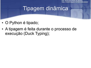 Tipagem dinâmica
• O Python é tipado;
• A tipagem é feita durante o processo de
execução (Duck Typing);

 
