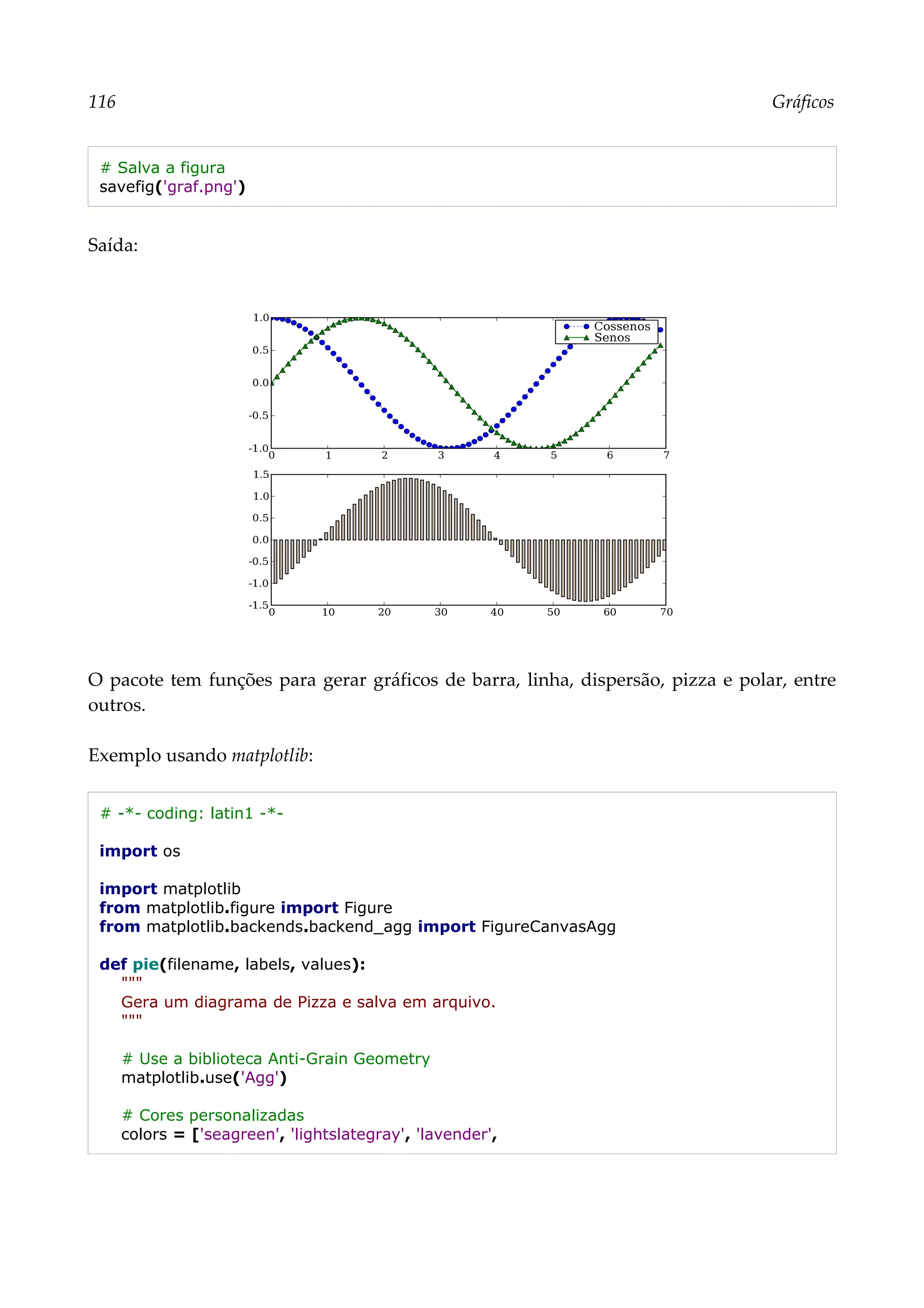 116 Gráficos
# Salva a figura
savefig('graf.png')
Saída:
O pacote tem funções para gerar gráficos de barra, linha, dispersão, pizza e polar, entre
outros.
Exemplo usando matplotlib:
# -*- coding: latin1 -*-
import os
import matplotlib
from matplotlib.figure import Figure
from matplotlib.backends.backend_agg import FigureCanvasAgg
def pie(filename, labels, values):
"""
Gera um diagrama de Pizza e salva em arquivo.
"""
# Use a biblioteca Anti-Grain Geometry
matplotlib.use('Agg')
# Cores personalizadas
colors = ['seagreen', 'lightslategray', 'lavender',
 