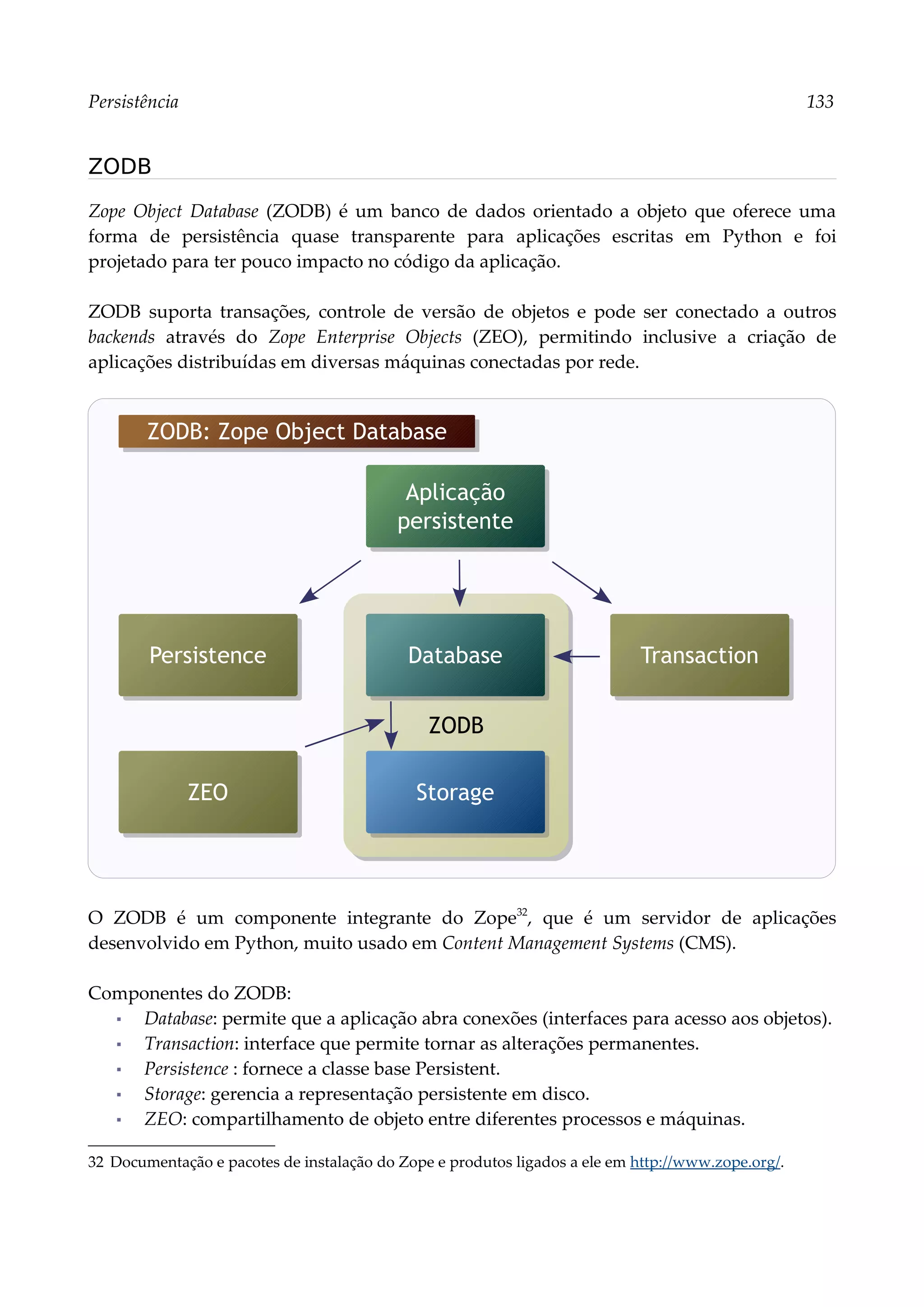 Persistência 133
ZODB
Zope Object Database (ZODB) é um banco de dados orientado a objeto que oferece uma
forma de persistência quase transparente para aplicações escritas em Python e foi
projetado para ter pouco impacto no código da aplicação.
ZODB suporta transações, controle de versão de objetos e pode ser conectado a outros
backends através do Zope Enterprise Objects (ZEO), permitindo inclusive a criação de
aplicações distribuídas em diversas máquinas conectadas por rede.
O ZODB é um componente integrante do Zope32
, que é um servidor de aplicações
desenvolvido em Python, muito usado em Content Management Systems (CMS).
Componentes do ZODB:
▪ Database: permite que a aplicação abra conexões (interfaces para acesso aos objetos).
▪ Transaction: interface que permite tornar as alterações permanentes.
▪ Persistence : fornece a classe base Persistent.
▪ Storage: gerencia a representação persistente em disco.
▪ ZEO: compartilhamento de objeto entre diferentes processos e máquinas.
32 Documentação e pacotes de instalação do Zope e produtos ligados a ele em http://www.zope.org/.
Aplicação
persistente
ZODB
ZODB: Zope Object Database
Database Transaction
Persistence
Storage
ZEO
 