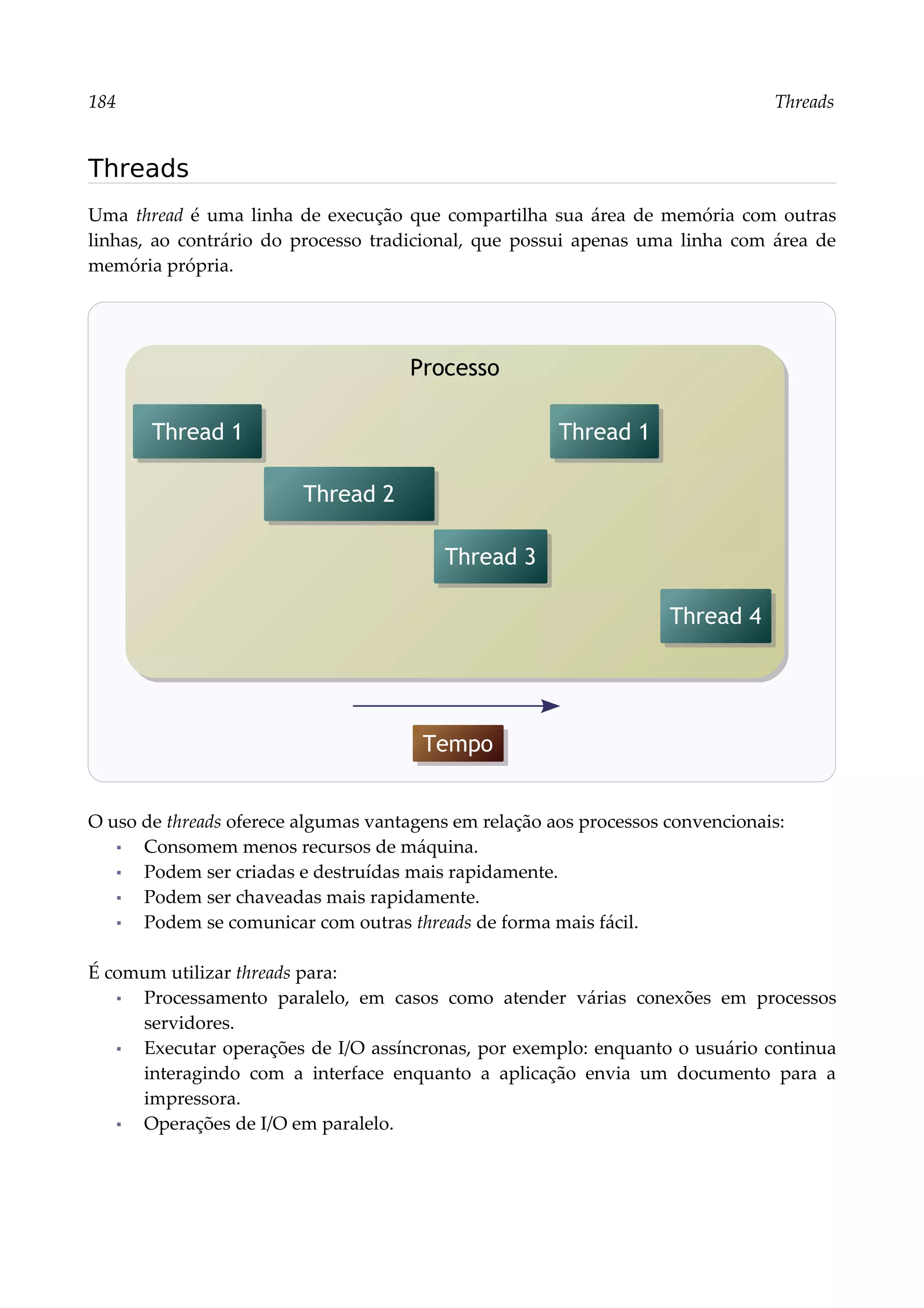 184 Threads
Threads
Uma thread é uma linha de execução que compartilha sua área de memória com outras
linhas, ao contrário do processo tradicional, que possui apenas uma linha com área de
memória própria.
O uso de threads oferece algumas vantagens em relação aos processos convencionais:
▪ Consomem menos recursos de máquina.
▪ Podem ser criadas e destruídas mais rapidamente.
▪ Podem ser chaveadas mais rapidamente.
▪ Podem se comunicar com outras threads de forma mais fácil.
É comum utilizar threads para:
▪ Processamento paralelo, em casos como atender várias conexões em processos
servidores.
▪ Executar operações de I/O assíncronas, por exemplo: enquanto o usuário continua
interagindo com a interface enquanto a aplicação envia um documento para a
impressora.
▪ Operações de I/O em paralelo.
Processo
Thread 1
Thread 2
Thread 3
Thread 1
Tempo
Thread 4
 
