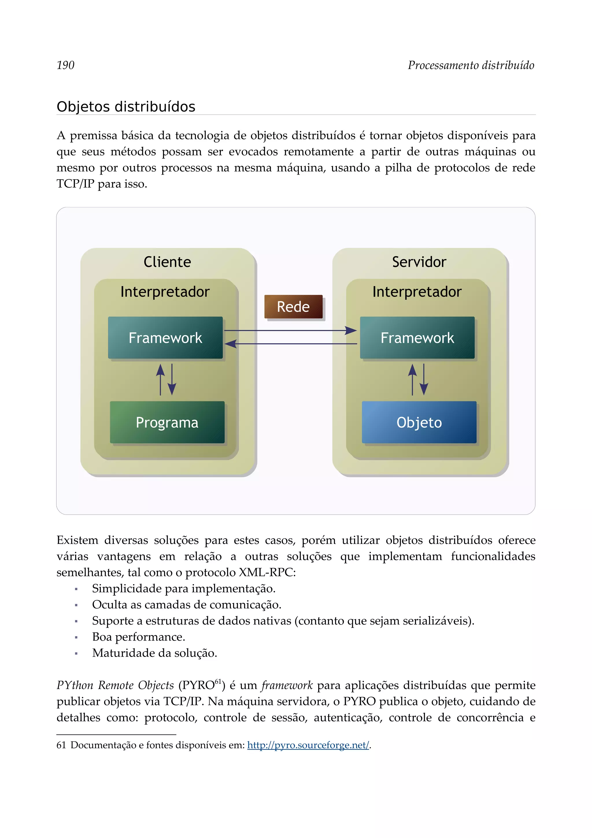 190 Processamento distribuído
Objetos distribuídos
A premissa básica da tecnologia de objetos distribuídos é tornar objetos disponíveis para
que seus métodos possam ser evocados remotamente a partir de outras máquinas ou
mesmo por outros processos na mesma máquina, usando a pilha de protocolos de rede
TCP/IP para isso.
Existem diversas soluções para estes casos, porém utilizar objetos distribuídos oferece
várias vantagens em relação a outras soluções que implementam funcionalidades
semelhantes, tal como o protocolo XML-RPC:
▪ Simplicidade para implementação.
▪ Oculta as camadas de comunicação.
▪ Suporte a estruturas de dados nativas (contanto que sejam serializáveis).
▪ Boa performance.
▪ Maturidade da solução.
PYthon Remote Objects (PYRO61
) é um framework para aplicações distribuídas que permite
publicar objetos via TCP/IP. Na máquina servidora, o PYRO publica o objeto, cuidando de
detalhes como: protocolo, controle de sessão, autenticação, controle de concorrência e
61 Documentação e fontes disponíveis em: http://pyro.sourceforge.net/.
Rede
Cliente
Interpretador
Programa
Framework
Servidor
Interpretador
Objeto
Framework
 