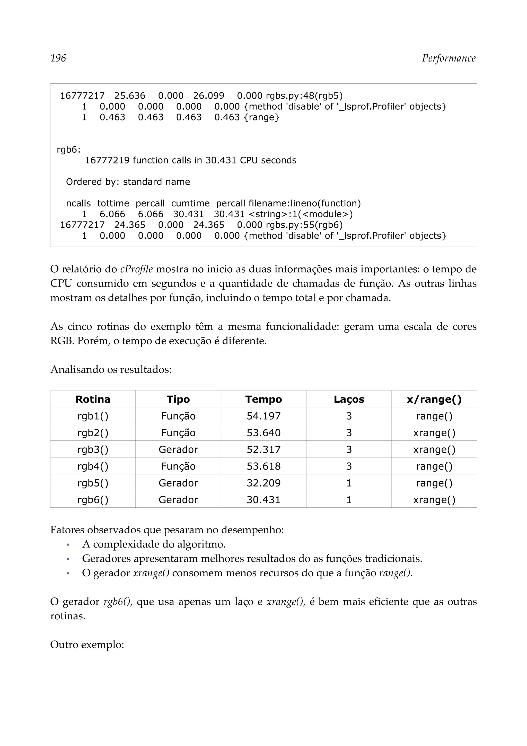 196 Performance
16777217 25.636 0.000 26.099 0.000 rgbs.py:48(rgb5)
1 0.000 0.000 0.000 0.000 {method 'disable' of '_lsprof.Profiler' objects}
1 0.463 0.463 0.463 0.463 {range}
rgb6:
16777219 function calls in 30.431 CPU seconds
Ordered by: standard name
ncalls tottime percall cumtime percall filename:lineno(function)
1 6.066 6.066 30.431 30.431 <string>:1(<module>)
16777217 24.365 0.000 24.365 0.000 rgbs.py:55(rgb6)
1 0.000 0.000 0.000 0.000 {method 'disable' of '_lsprof.Profiler' objects}
O relatório do cProfile mostra no inicio as duas informações mais importantes: o tempo de
CPU consumido em segundos e a quantidade de chamadas de função. As outras linhas
mostram os detalhes por função, incluindo o tempo total e por chamada.
As cinco rotinas do exemplo têm a mesma funcionalidade: geram uma escala de cores
RGB. Porém, o tempo de execução é diferente.
Analisando os resultados:
Rotina Tipo Tempo Laços x/range()
rgb1() Função 54.197 3 range()
rgb2() Função 53.640 3 xrange()
rgb3() Gerador 52.317 3 xrange()
rgb4() Função 53.618 3 range()
rgb5() Gerador 32.209 1 range()
rgb6() Gerador 30.431 1 xrange()
Fatores observados que pesaram no desempenho:
▪ A complexidade do algoritmo.
▪ Geradores apresentaram melhores resultados do as funções tradicionais.
▪ O gerador xrange() consomem menos recursos do que a função range().
O gerador rgb6(), que usa apenas um laço e xrange(), é bem mais eficiente que as outras
rotinas.
Outro exemplo:
 
