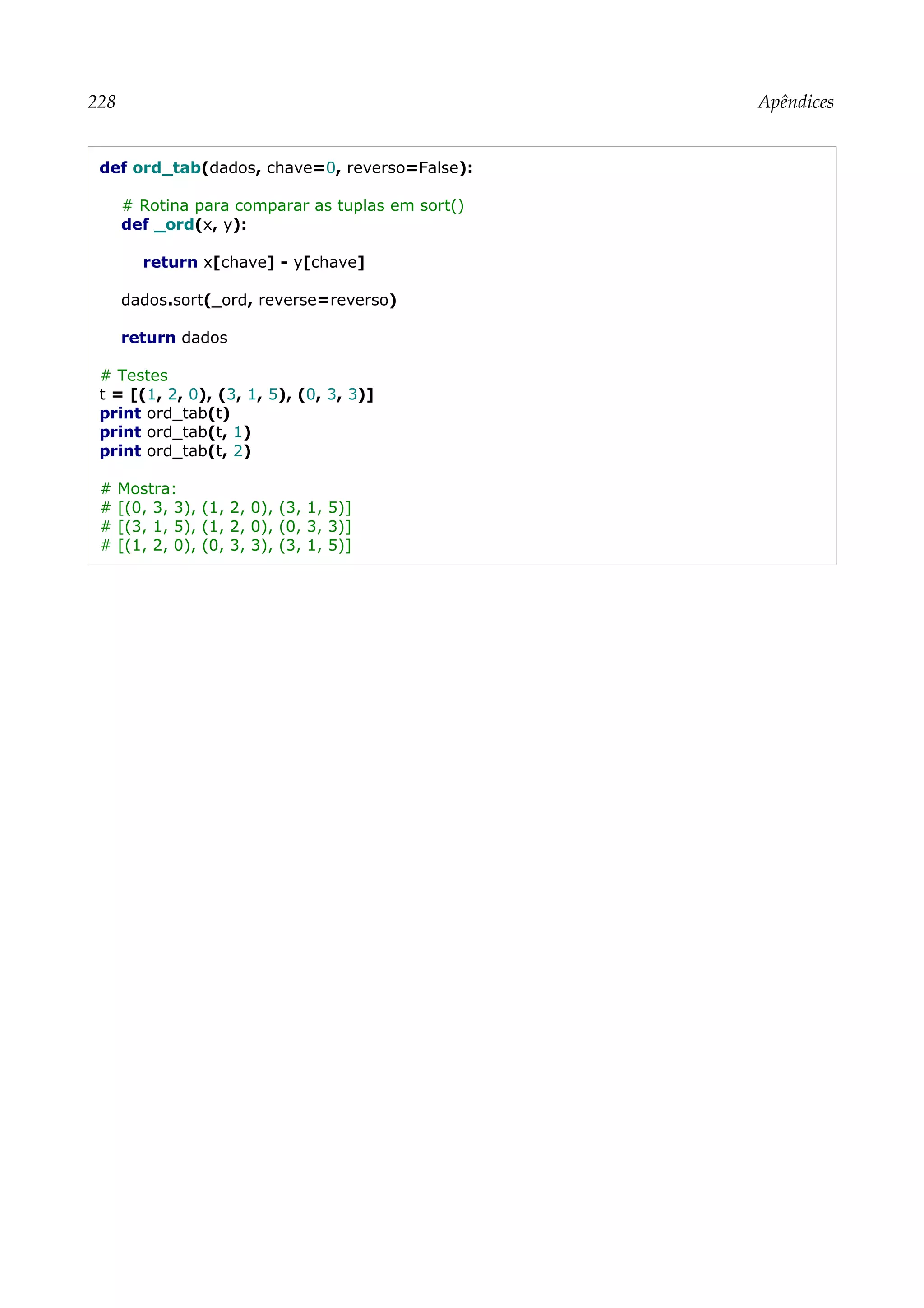 228 Apêndices
def ord_tab(dados, chave=0, reverso=False):
# Rotina para comparar as tuplas em sort()
def _ord(x, y):
return x[chave] - y[chave]
dados.sort(_ord, reverse=reverso)
return dados
# Testes
t = [(1, 2, 0), (3, 1, 5), (0, 3, 3)]
print ord_tab(t)
print ord_tab(t, 1)
print ord_tab(t, 2)
# Mostra:
# [(0, 3, 3), (1, 2, 0), (3, 1, 5)]
# [(3, 1, 5), (1, 2, 0), (0, 3, 3)]
# [(1, 2, 0), (0, 3, 3), (3, 1, 5)]
 