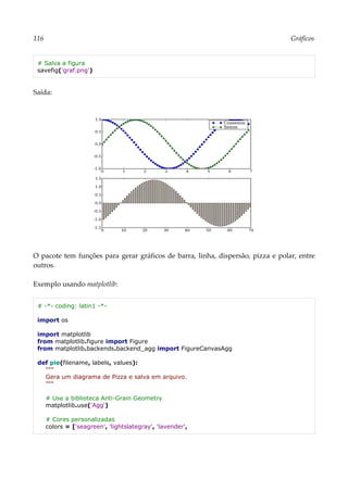 116 Gráficos
# Salva a figura
savefig('graf.png')
Saída:
O pacote tem funções para gerar gráficos de barra, linha, dispersão, pizza e polar, entre
outros.
Exemplo usando matplotlib:
# -*- coding: latin1 -*-
import os
import matplotlib
from matplotlib.figure import Figure
from matplotlib.backends.backend_agg import FigureCanvasAgg
def pie(filename, labels, values):
"""
Gera um diagrama de Pizza e salva em arquivo.
"""
# Use a biblioteca Anti-Grain Geometry
matplotlib.use('Agg')
# Cores personalizadas
colors = ['seagreen', 'lightslategray', 'lavender',
 