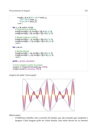 Processamento de imagem 125
imag[x, y] = (250 - 100 * delta_y,
150 - 100 * delta_y,
50 + 100 * delta_y)
i += 1
for x, y in zip(xs, mod):
# Desenha as envoltórias
imag[coords((x, y), tam)[::-1]] = (0, 0, 0)
imag[coords((x, -y), tam)[::-1]] = (0, 0, 0)
# Bordas superior e inferior
imag[coords((x, 1.), tam)[::-1]] = (0, 0, 0)
imag[coords((x, -1.), tam)[::-1]] = (0, 0, 0)
i += 4
for y in xs:
# Bordas laterais
imag[coords((1., y), tam)[::-1]] = (0, 0, 0)
imag[coords((-1., y), tam)[::-1]] = (0, 0, 0)
i += 2
print i, 'pontos calculados'
# Cria a imagem a partir do arranjo
imagem = Image.fromarray(imag, 'RGB')
imagem.save('curvas.png', 'PNG')
Arquivo de saída “curvas.png”:
Observações:
▪ A biblioteca trabalha com o conceito de bandas, que são camadas que compõem a
imagem. Cada imagem pode ter várias bandas, mas todas devem ter as mesmas
 