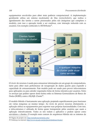 188 Processamento distribuído
equipamentos envolvidos para obter mais potência computacional. A implementação
geralmente utiliza um sistema escalonador de filas (metascheduler), que realiza o
agendamento das tarefas a serem processados pelos nós (máquinas que compõem o
modelo), com isso a operação tende a ser contínua, com interação reduzida com os
usuários. Um exemplo conhecido é o SETI@home58
.
O cluster de recursos é usado para armazenar informações em um grupo de computadores,
tanto para obter mais performance de recuperação de dados quanto para expandir a
capacidade de armazenamento. Este modelo pode ser usado para prover infra-estrutura
para aplicações ou para atender requisições feitas de forma interativa por usuários. Entre
os serviços que podem operar desta forma estão os Sistemas Gerenciadores de Banco de
Dados (SGBD), como o MySQL Cluster59
.
O modelo híbrido é basicamente uma aplicação projetada especificamente para funcionar
em várias máquinas ao mesmo tempo. Ao invés de prover recursos diretamente, a
aplicação utiliza os equipamentos para suportar suas próprias funcionalidades. Com isso,
a infra-estrutura é utilizada de forma quase transparente pelos usuários que usam a
aplicação interativamente. Todos os nós rodam o aplicativo e podem operar como
servidores e clientes. O exemplo mais comum de arquitetura híbrida são os sistemas de
58 Página do projeto em: http://setiathome.berkeley.edu/.
59 Endereço na internet: http://www.mysql.com/products/database/cluster/.
Clientes
Recursos
A B
C D
Clientes fazem
requisições ao cluster...
... e qualquer máquina
do cluster pode atuar
como servidor.
E F
G H
 