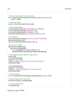 214 Apêndices
# Cria um documento novo no Writer
doc = desktop.loadComponentFromURL('private:factory/swriter',
'_blank', 0, ())
# Cursor de texto
cursor = doc.Text.createTextCursor()
# Muda propriedades
cursor.setPropertyValue('CharFontName', 'Verdana')
cursor.setPropertyValue('CharHeight', 20)
cursor.setPropertyValue('CharWeight', 180)
doc.Text.insertString(cursor, 'Músicas favoritasn', 0)
# Cria tabela
tab = doc.createInstance('com.sun.star.text.TextTable')
tab.initialize(rows, cols)
doc.Text.insertTextContent(cursor, tab, 0)
# Preenche a tabela
for row in xrange(rows):
for col in xrange(cols):
cel = chr(ord('A') + col) + str(row + 1)
tab.getCellByName(cel).setString(mus[row][col])
# Propriedades para exportar o documento
props = []
p = PropertyValue()
p.Name = 'Overwrite'
p.Value = True # Sobrescreve o documento anterior
props.append(p)
p = PropertyValue()
p.Name = 'FilterName'
p.Value = 'writer_pdf_Export' # Writer para PDF
props.append(p)
# URL de destino
url = uno.systemPathToFileUrl(os.path.abspath('musicas.pdf'))
# Salva o documento como PDF
doc.storeToURL(url, tuple(props))
# Fecha o documento
doc.close(True)
Saída (no arquivo PDF):
 