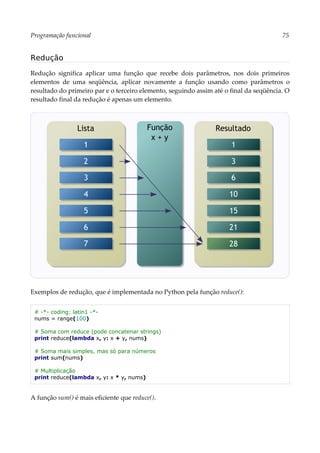 Programação funcional 75
Redução
Redução significa aplicar uma função que recebe dois parâmetros, nos dois primeiros
elementos de uma seqüência, aplicar novamente a função usando como parâmetros o
resultado do primeiro par e o terceiro elemento, seguindo assim até o final da seqüência. O
resultado final da redução é apenas um elemento.
Exemplos de redução, que é implementada no Python pela função reduce():
# -*- coding: latin1 -*-
nums = range(100)
# Soma com reduce (pode concatenar strings)
print reduce(lambda x, y: x + y, nums)
# Soma mais simples, mas só para números
print sum(nums)
# Multiplicação
print reduce(lambda x, y: x * y, nums)
A função sum() é mais eficiente que reduce().
Lista Resultado
1
3
6
10
15
21
28
Função
x + y
1
2
3
4
5
6
7
 