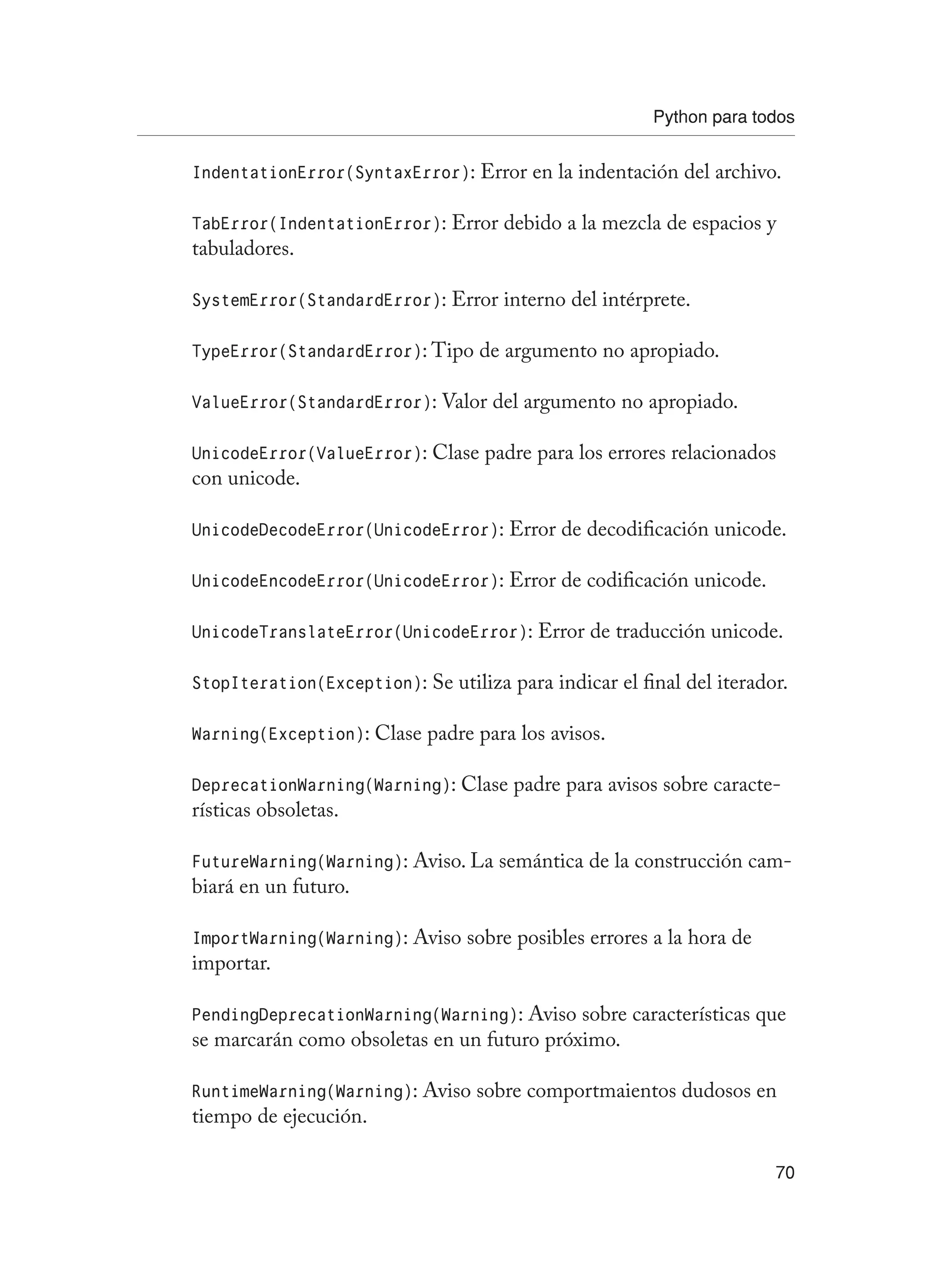 Python para todos
70
IndentationError(SyntaxError): Error en la indentación del archivo.
TabError(IndentationError): Error debido a la mezcla de espacios y
tabuladores.
SystemError(StandardError): Error interno del intérprete.
TypeError(StandardError): Tipo de argumento no apropiado.
ValueError(StandardError): Valor del argumento no apropiado.
UnicodeError(ValueError): Clase padre para los errores relacionados
con unicode.
UnicodeDecodeError(UnicodeError): Error de decodificación unicode.
UnicodeEncodeError(UnicodeError): Error de codificación unicode.
UnicodeTranslateError(UnicodeError): Error de traducción unicode.
StopIteration(Exception): Se utiliza para indicar el final del iterador.
Warning(Exception): Clase padre para los avisos.
DeprecationWarning(Warning): Clase padre para avisos sobre caracte-
rísticas obsoletas.
FutureWarning(Warning): Aviso. La semántica de la construcción cam-
biará en un futuro.
ImportWarning(Warning): Aviso sobre posibles errores a la hora de
importar.
PendingDeprecationWarning(Warning): Aviso sobre características que
se marcarán como obsoletas en un futuro próximo.
RuntimeWarning(Warning): Aviso sobre comportmaientos dudosos en
tiempo de ejecución.
 
