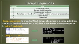 •Escape sequences: to encode difficult-to-type characters in a string (print those
characters inside string without error).there are two ways to escape sequence:
1. Using ‘’ backslash:
2. Using “”” “”” or ‘’’ ‘’’
symbol Use
 Escape backslash
” Escape double quotation
’ Escape single quotation
n To make a new line. Don’t work with %r which is not made for presentation
t Horizontal tab
v Vertical tab
 