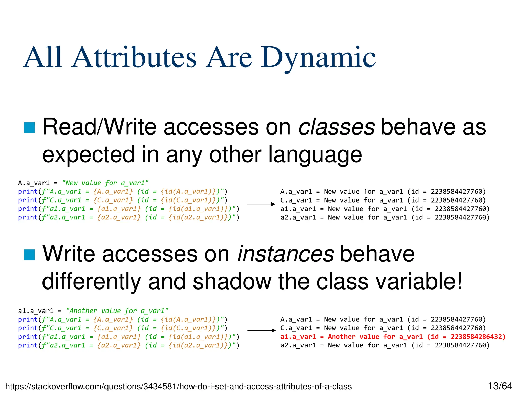 13/64
All Attributes Are Dynamic
 Read/Write accesses on classes behave as
expected in any other language
 Write accesses on instances behave
differently and shadow the class variable!
https://stackoverflow.com/questions/3434581/how-do-i-set-and-access-attributes-of-a-class
A.a_var1 = "New value for a_var1"
print(f"A.a_var1 = {A.a_var1} (id = {id(A.a_var1)})")
print(f"C.a_var1 = {C.a_var1} (id = {id(C.a_var1)})")
print(f"a1.a_var1 = {a1.a_var1} (id = {id(a1.a_var1)})")
print(f"a2.a_var1 = {a2.a_var1} (id = {id(a2.a_var1)})")
a1.a_var1 = "Another value for a_var1"
print(f"A.a_var1 = {A.a_var1} (id = {id(A.a_var1)})")
print(f"C.a_var1 = {C.a_var1} (id = {id(C.a_var1)})")
print(f"a1.a_var1 = {a1.a_var1} (id = {id(a1.a_var1)})")
print(f"a2.a_var1 = {a2.a_var1} (id = {id(a2.a_var1)})")
A.a_var1 = New value for a_var1 (id = 2238584427760)
C.a_var1 = New value for a_var1 (id = 2238584427760)
a1.a_var1 = New value for a_var1 (id = 2238584427760)
a2.a_var1 = New value for a_var1 (id = 2238584427760)
A.a_var1 = New value for a_var1 (id = 2238584427760)
C.a_var1 = New value for a_var1 (id = 2238584427760)
a1.a_var1 = Another value for a_var1 (id = 2238584286432)
a2.a_var1 = New value for a_var1 (id = 2238584427760)
 
