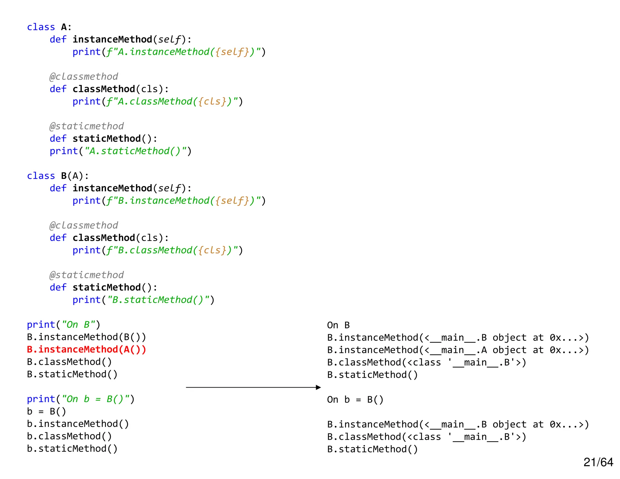 21/64
class A:
def instanceMethod(self):
print(f"A.instanceMethod({self})")
@classmethod
def classMethod(cls):
print(f"A.classMethod({cls})")
@staticmethod
def staticMethod():
print("A.staticMethod()")
class B(A):
def instanceMethod(self):
print(f"B.instanceMethod({self})")
@classmethod
def classMethod(cls):
print(f"B.classMethod({cls})")
@staticmethod
def staticMethod():
print("B.staticMethod()")
print("On B")
B.instanceMethod(B())
B.instanceMethod(A())
B.classMethod()
B.staticMethod()
print("On b = B()")
b = B()
b.instanceMethod()
b.classMethod()
b.staticMethod()
On B
B.instanceMethod(<__main__.B object at 0x...>)
B.instanceMethod(<__main__.A object at 0x...>)
B.classMethod(<class '__main__.B'>)
B.staticMethod()
On b = B()
B.instanceMethod(<__main__.B object at 0x...>)
B.classMethod(<class '__main__.B'>)
B.staticMethod()
 