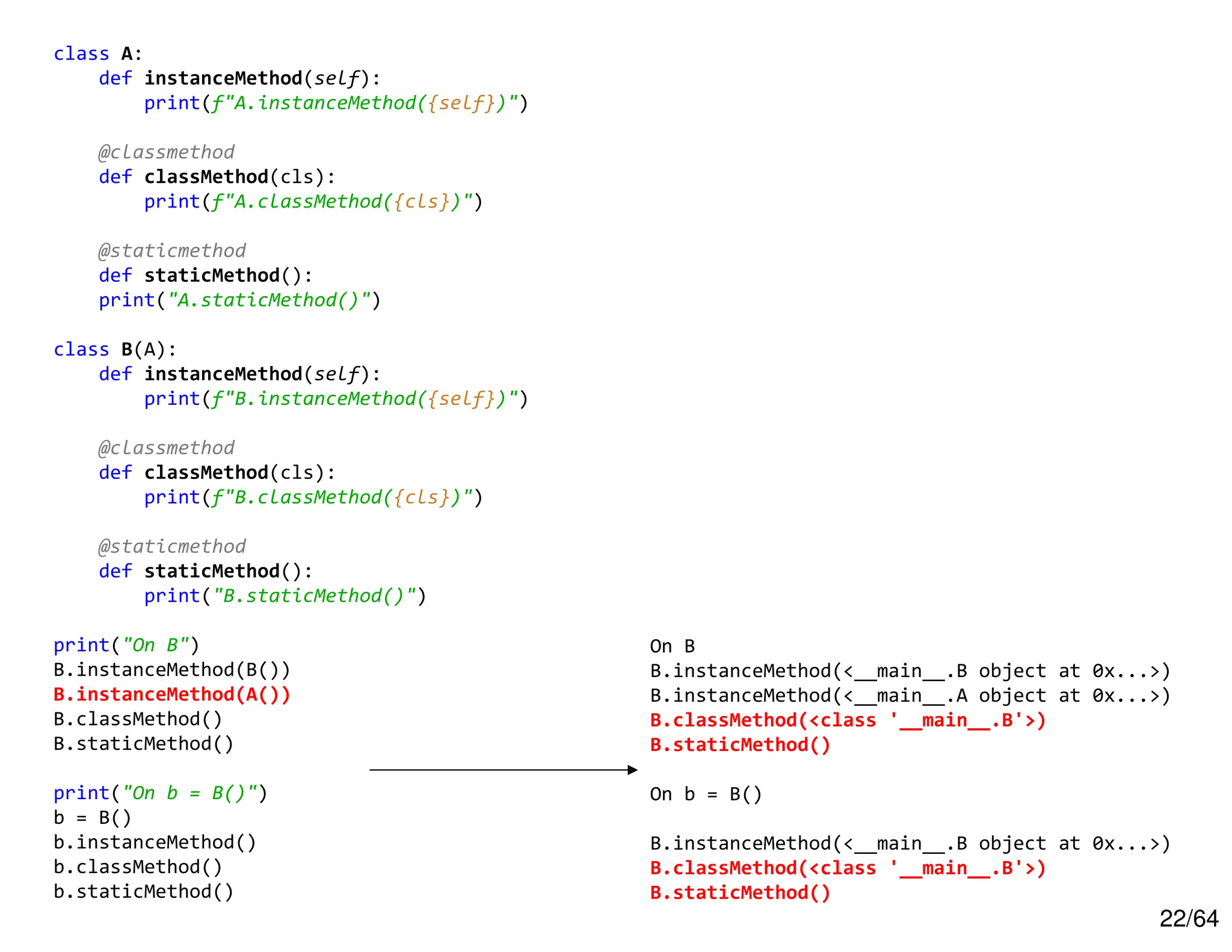 22/64
class A:
def instanceMethod(self):
print(f"A.instanceMethod({self})")
@classmethod
def classMethod(cls):
print(f"A.classMethod({cls})")
@staticmethod
def staticMethod():
print("A.staticMethod()")
class B(A):
def instanceMethod(self):
print(f"B.instanceMethod({self})")
@classmethod
def classMethod(cls):
print(f"B.classMethod({cls})")
@staticmethod
def staticMethod():
print("B.staticMethod()")
print("On B")
B.instanceMethod(B())
B.instanceMethod(A())
B.classMethod()
B.staticMethod()
print("On b = B()")
b = B()
b.instanceMethod()
b.classMethod()
b.staticMethod()
On B
B.instanceMethod(<__main__.B object at 0x...>)
B.instanceMethod(<__main__.A object at 0x...>)
B.classMethod(<class '__main__.B'>)
B.staticMethod()
On b = B()
B.instanceMethod(<__main__.B object at 0x...>)
B.classMethod(<class '__main__.B'>)
B.staticMethod()
 