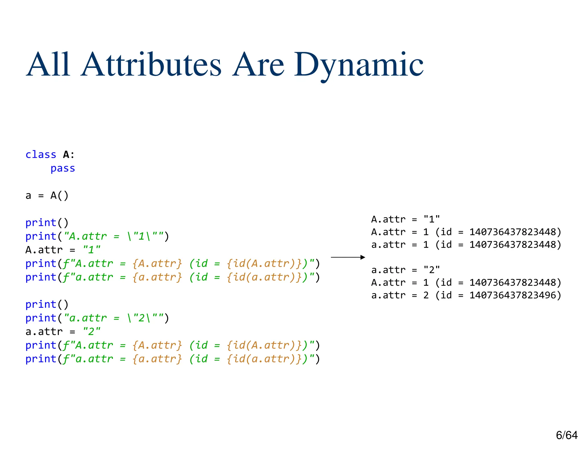 6/64
All Attributes Are Dynamic
class A:
pass
a = A()
print()
print("A.attr = "1"")
A.attr = "1"
print(f"A.attr = {A.attr} (id = {id(A.attr)})")
print(f"a.attr = {a.attr} (id = {id(a.attr)})")
print()
print("a.attr = "2"")
a.attr = "2"
print(f"A.attr = {A.attr} (id = {id(A.attr)})")
print(f"a.attr = {a.attr} (id = {id(a.attr)})")
A.attr = "1"
A.attr = 1 (id = 140736437823448)
a.attr = 1 (id = 140736437823448)
a.attr = "2"
A.attr = 1 (id = 140736437823448)
a.attr = 2 (id = 140736437823496)
 