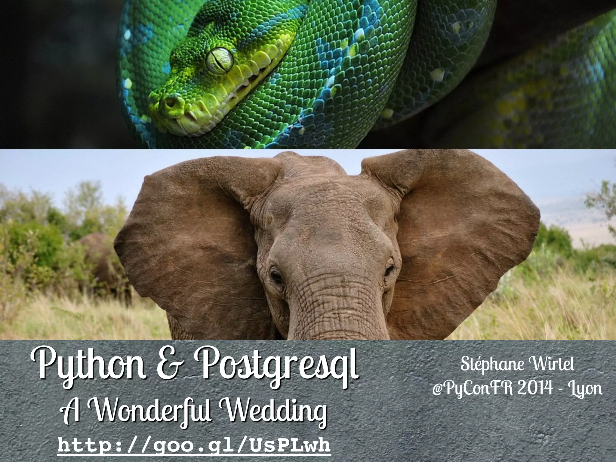 Python & Postgresql 
A Wonderful Wedding 
Stéphane Wirtel 
@PyConFR 2014 - Lyon 
http://goo.gl/UsPLwh 
 