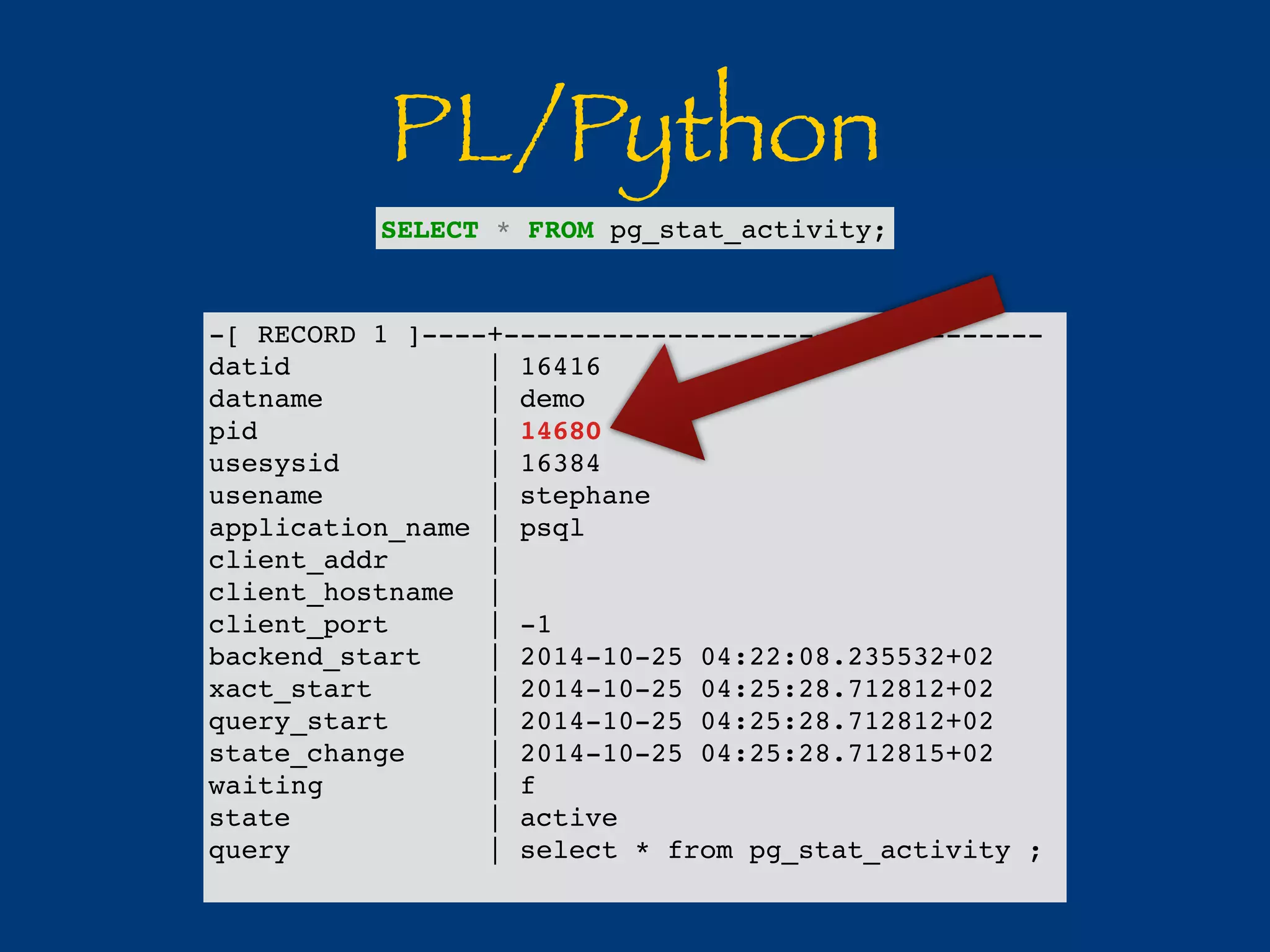 PL/Python 
SELECT * FROM pg_stat_activity; 
-[ RECORD 1 ]----+--------------------------------- 
datid | 16416 
datname | demo 
pid | 14680 
usesysid | 16384 
usename | stephane 
application_name | psql 
client_addr | 
client_hostname | 
client_port | -1 
backend_start | 2014-10-25 04:22:08.235532+02 
xact_start | 2014-10-25 04:25:28.712812+02 
query_start | 2014-10-25 04:25:28.712812+02 
state_change | 2014-10-25 04:25:28.712815+02 
waiting | f 
state | active 
query | select * from pg_stat_activity ; 
 